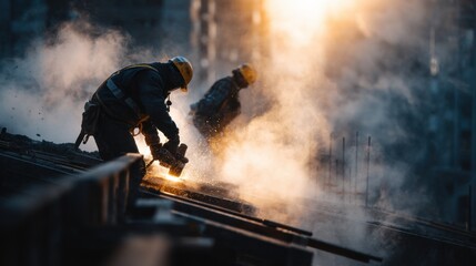 Two Workers in Helmets and Vests Constructing Roof at Sunrise