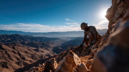 Archaeologist Examining Rocks in Rugged Landscape under Blue Sky
