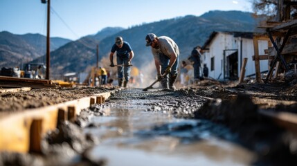 Workers Smoothing Wet Concrete on a Driveway in Bright Conditions