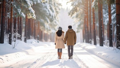 Naklejka premium Couple walking hand in hand through a snowy forest path, surrounded by tall pine trees and soft sunlight