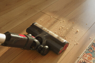 Vacuum cleaner cleaning crumbs from wooden floor