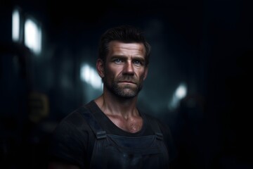 Obraz premium Male worker standing in dimly lit workshop wearing work clothes with soft lighting