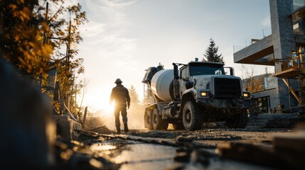 Worker Guiding Concrete Flow from Mixer Truck at Construction Site