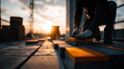 Worker in Dark Clothes Kneeling on Rooftop Aligning Materials at Sunset