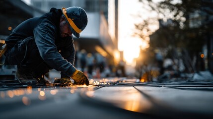 Worker in Casual Protective Gear Arranging Wires at Sunset