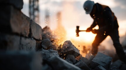 Worker Swinging Hammer While Building Wall at Construction Site