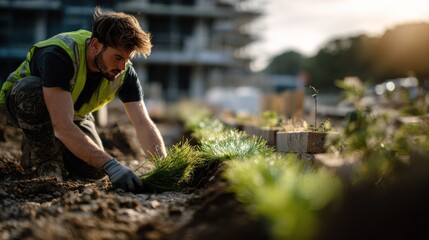 Worker in High Visibility Clothing Placing Fresh Grass Turf
