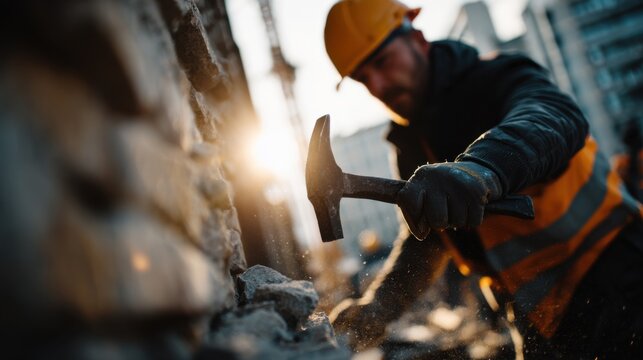 Construction Worker Swinging Hammer at Building Wall in Daylight