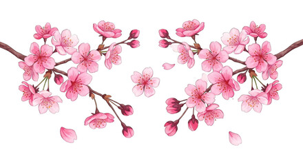 watercolor illustration of two blooming pink cherry blossom branches with falling petals on a white background.