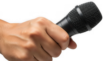 Hand holding black microphone isolated on transparent background in the studio