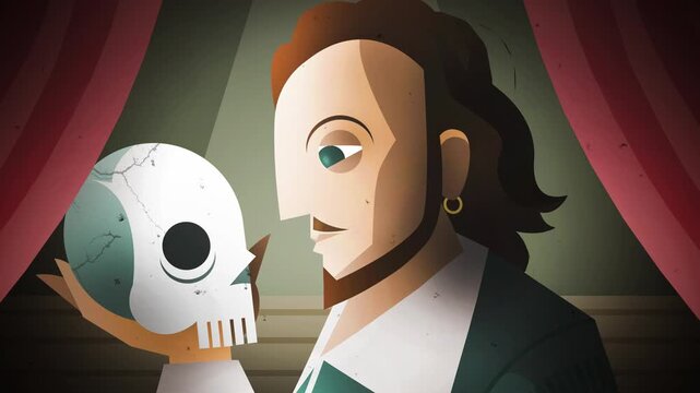 playwright holding a skull on the stage as hamlet