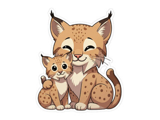 Cute cartoon lynx mother and cub sitting together, smiling happily, in a heartwarming illustration.