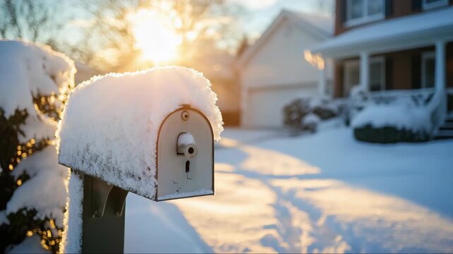Snow-covered mailbox in a quiet neighborhood during sunset in winter