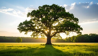Majestic oak tree in sunlit field