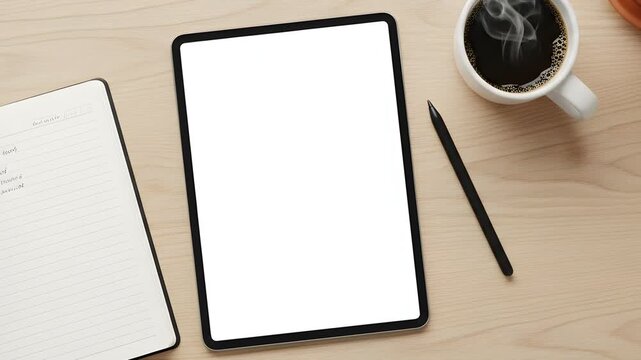 Tablet and coffee with notepad on the desk