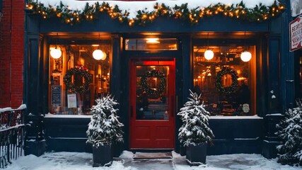 Cozy winter scene outside a charming cafe adorned for the holidays in a snowy town