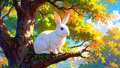 White rabbit on a tree branch