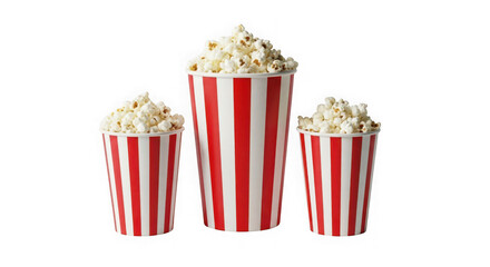 Three buckets of popcorn isolated on transparent background, ready for the movie