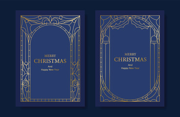 Christmas and Happy Holidays card vector set. Glasswork decorative, gothic stained glass and christmas ornament on navy blue background. Design illustration for poster, cover, product, ads.