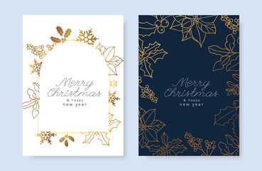 Christmas and Happy Holidays card vector set. Luxury gold holly leaf, pine leaves, snowflake on white and navy blue background. Design illustration for poster, cover, product, ads.