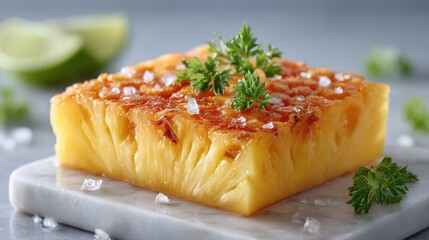 Macro Shot of Fresh Pineapple Slice with Cinematic HDR Lighting on Marble Serving Board Topped with Parsley and Lime Wedge
