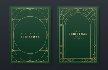 Christmas and Happy Holidays card vector set. Glasswork decorative, gothic stained glass on green background. Design illustration for poster, cover, product, ads.