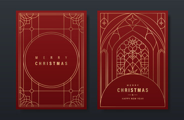 Christmas and Happy Holidays card vector set. Glasswork decorative, gothic stained glass on red background. Design illustration for poster, cover, product, ads.