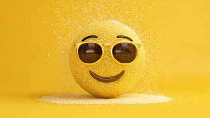 A playful and vibrant golden emoji wearing stylish sunglasses, surrounded by a shimmering explosion of golden sparkles against a bright yellow background, exuding joy and positivity. - Powered by Adobe