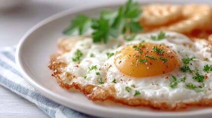 Macro Shot of Fried Egg with Crispy Edges on a White Plate with Parsley Garnish and Light Blue Napkin Underneath in Natural Lighting