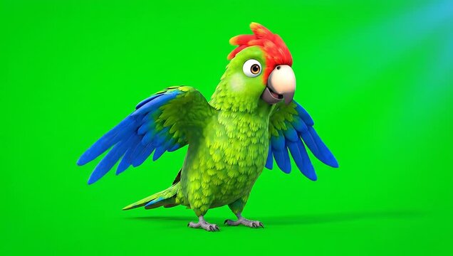 Animated parrot character happily walking on green screen, perfect for children's content or tropical themed projects needing a cute parrot