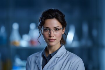 Fototapeta premium Female scientist in lab coat and glasses standing in laboratory with chemistry equipment
