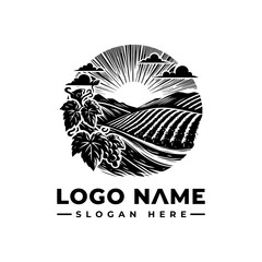 Black and White Vineyard Logo with Sun Grapes and Clouds.