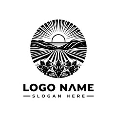 Black and White Vineyard Logo with Sun Mountains and Grapes.