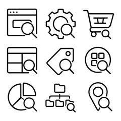 Black Line Icons Representing Website Gear Cart Grid Tag Pie Chart Folder and Location Search.