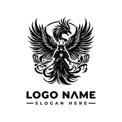 Black Silhouette of a Samurai Warrior with Phoenix Wings and Dual Swords.