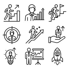 Business Growth Icons Ascending Stairs Charts Targets and Rocket Launch.