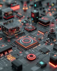 Fototapeta premium Futuristic Circuit Board with Red Lights and Complex Technology Design