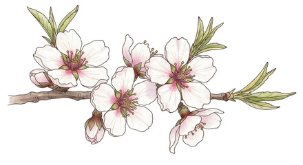 blooming almond tree with white and pink flowers and fresh green leaves.