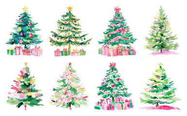 Obraz premium PNG Watercolor festive Christmas trees, element set on transparent background