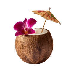 Exotic coconut cocktail with an orchid flower and umbrella. Tropical summer drink served in a fresh coconut, isolated on a black background.