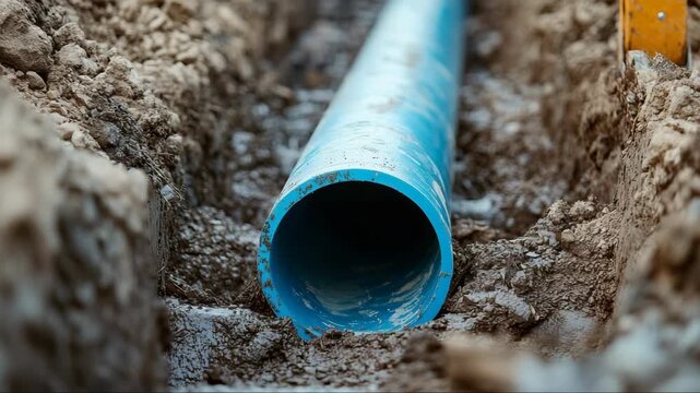 Construction workers install a blue pipe in a trench at a construction site during the day