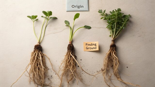 Roots of Plants Showing Growth Stages with Labels Origin and Finding Ground for Educational Purposes