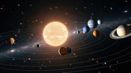 brilliant central star illuminates eight diverse planets including striking ringed giant orbiting along visible paths against deep star-filled cosmos with distant galaxies - Powered by Adobe