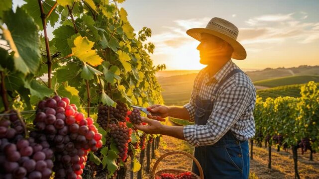 person in straw hat and overalls harvests abundant red-purple grapes from lush vineyard vines at golden hour using clippers to fill woven basket amid sun-kissed rolling hills