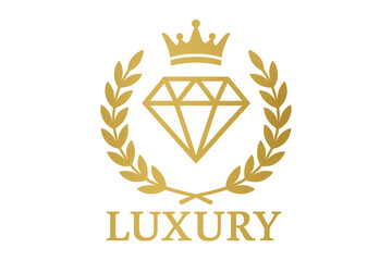 Luxury emblem featuring gold crown, diamond icon, and laurel wreath, creating a premium royal brand identity