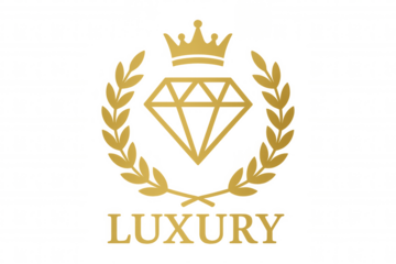 Luxury emblem featuring gold crown, diamond icon, and laurel wreath, creating a premium royal brand identity