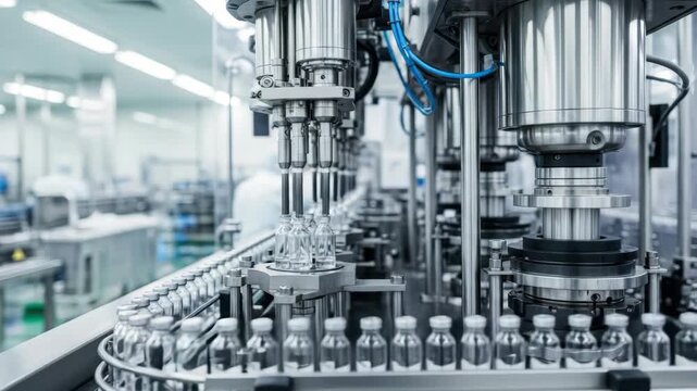 Automated production line fills clear glass vials on conveyor in sterile industrial environment Precision machinery with filling nozzles and capping mechanisms is shown A clean room is visible