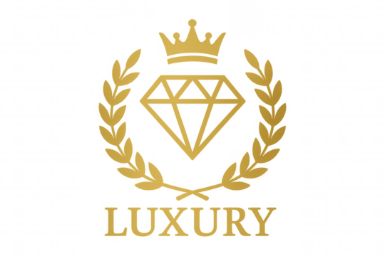 Luxury emblem featuring gold crown, diamond icon, and laurel wreath, creating a premium royal brand identity