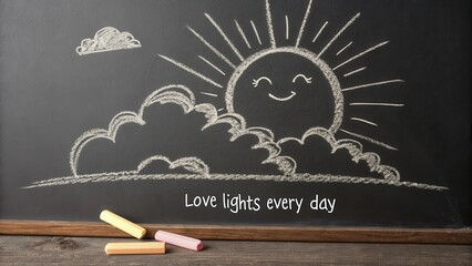 Playful chalk drawing of a cheerful sun and clouds with an inspirational quote about love on a blackboard background