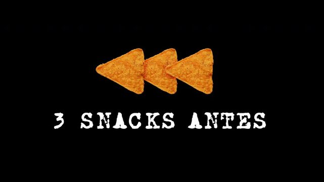 Animated banner with the Spanish words 3 Snacks ANTES. Classic Famous Time Card 4k animation.